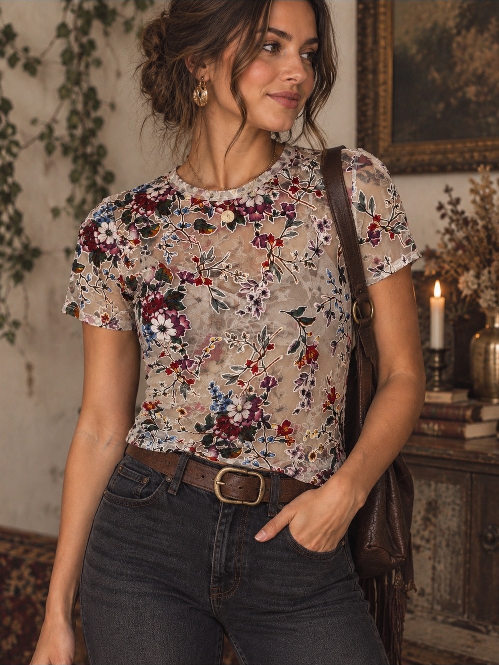 A New Day Whimsigoth XS Floral Burnout Mesh Sheer Short Sleeve Top Cottagecore